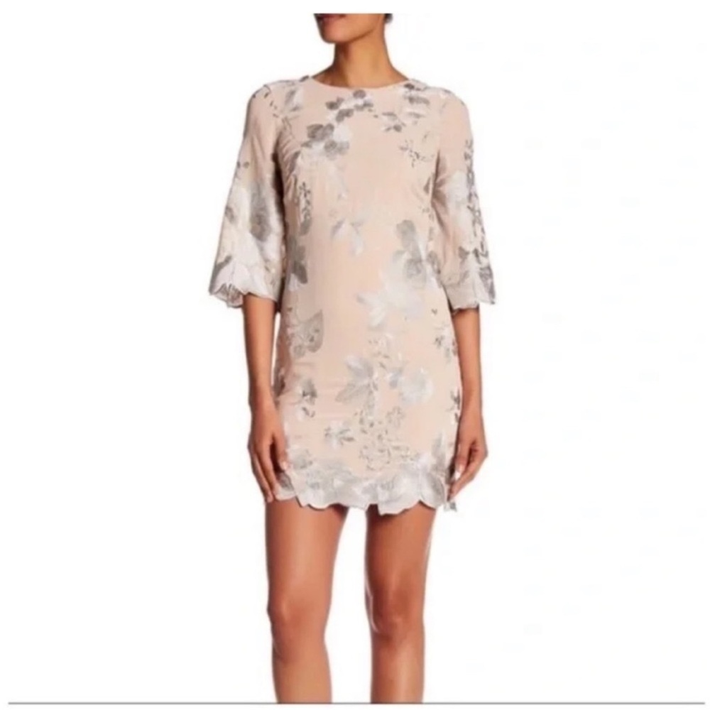 Dress the Population Paige Nude Sheath Dress Silver Embroidery Large NWT